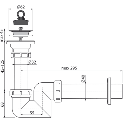 Сифон для умывальника Alca Plast A412-DN40 S-образный DN40 с нержавеющей peшeткой DN63