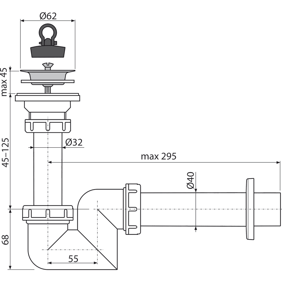 Сифон для умывальника Alca Plast A412-DN40 S-образный DN40 с нержавеющей peшeткой DN63