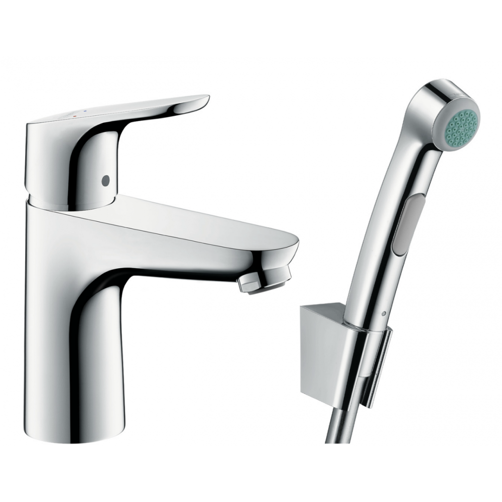 Смеситель для раковины Hansgrohe Focus 100, однорычажный, с гигиеническим душем и шлангом 160см, хром