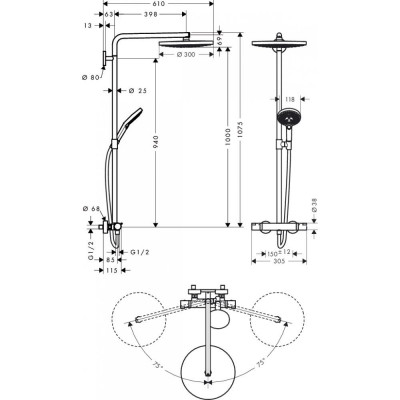 Душевая система с термостатом хром hansgrohe Raindance Select S S300 2jet Showerpipe 27133400
