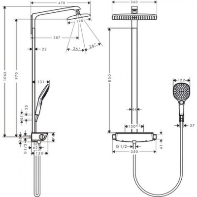 Душевая система с термостатом белый/хром hansgrohe Raindance E Showerpipe 360 1jet EcoSmart 27286400