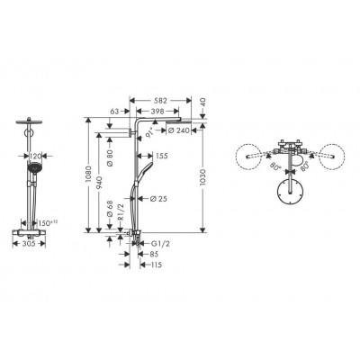 Душевая система с термостатом чёрный хром hansgrohe Showerpipe 240 1jet PowderRain 27633340