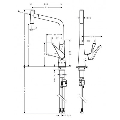 Смеситель кухонный однорычажный 320, Hansgrohe Metris Select M71, вытяжной излив, 1jet, сатин, 14884800