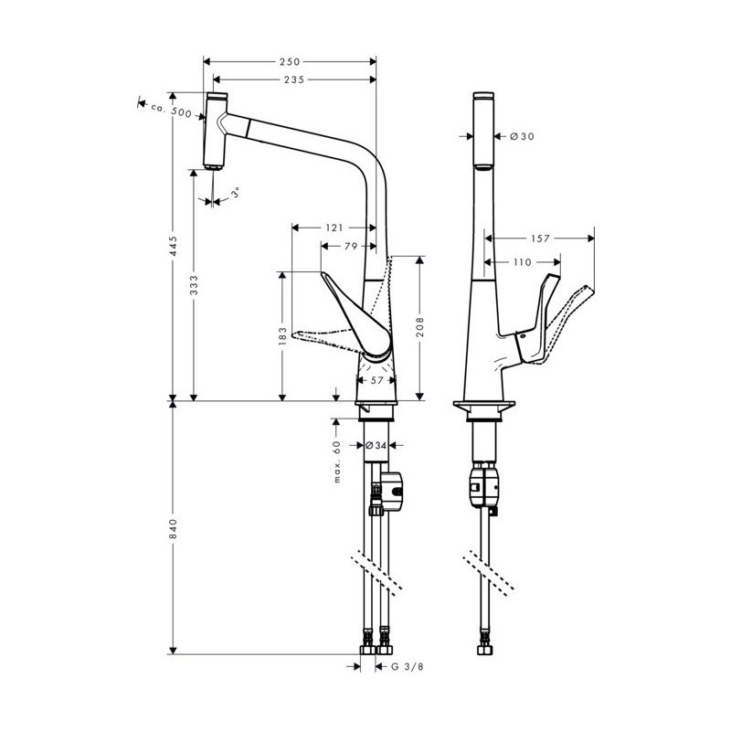 Смеситель кухонный однорычажный 320, Hansgrohe Metris Select M71, вытяжной излив, 1jet, сатин, 14884800