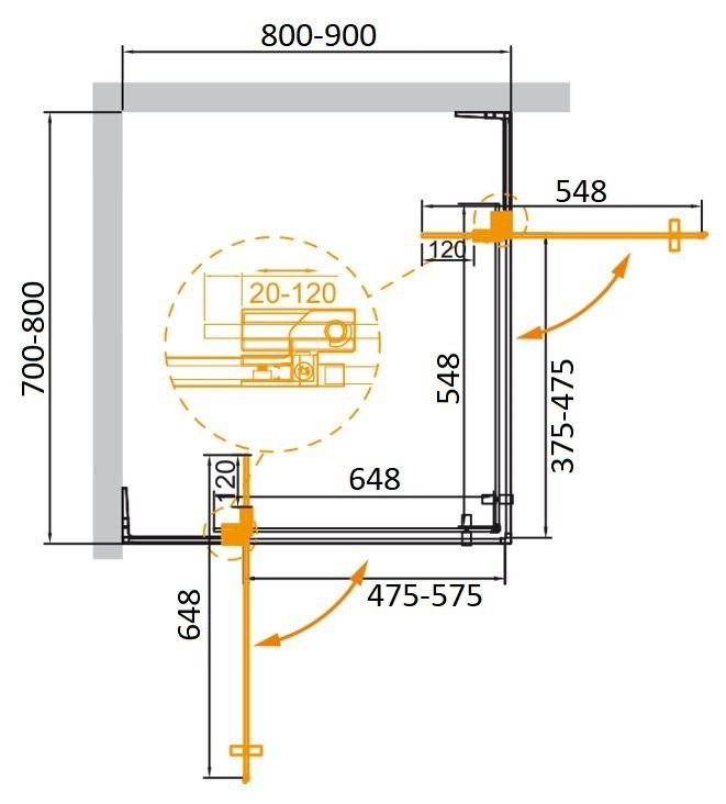 Душевой уголок 80/90х90/100x195см CezaresSLIDER-AH-2-80/90-90/100-GRIGIO-NERO, стекло Grigio (серое), профиль (Nero) черный