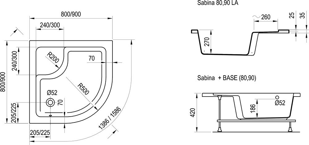 Душевой поддон 80x80 акриловый полукруглый с сидением, Sabina LA, Ravak A214001020