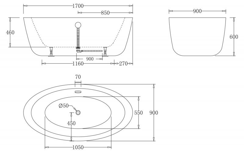 Ванна 170x90х60см Belbagno BB67-1700 акриловая отдельностоящая