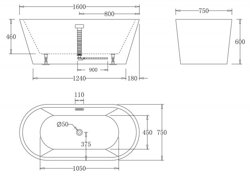 Ванна 160x75х60см Belbagno BB71-1600 отдельностоящая акриловая