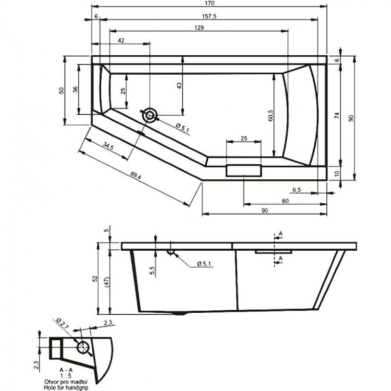Акриловая ванна угловая левая 170x90x52см Riho GETA 170 L