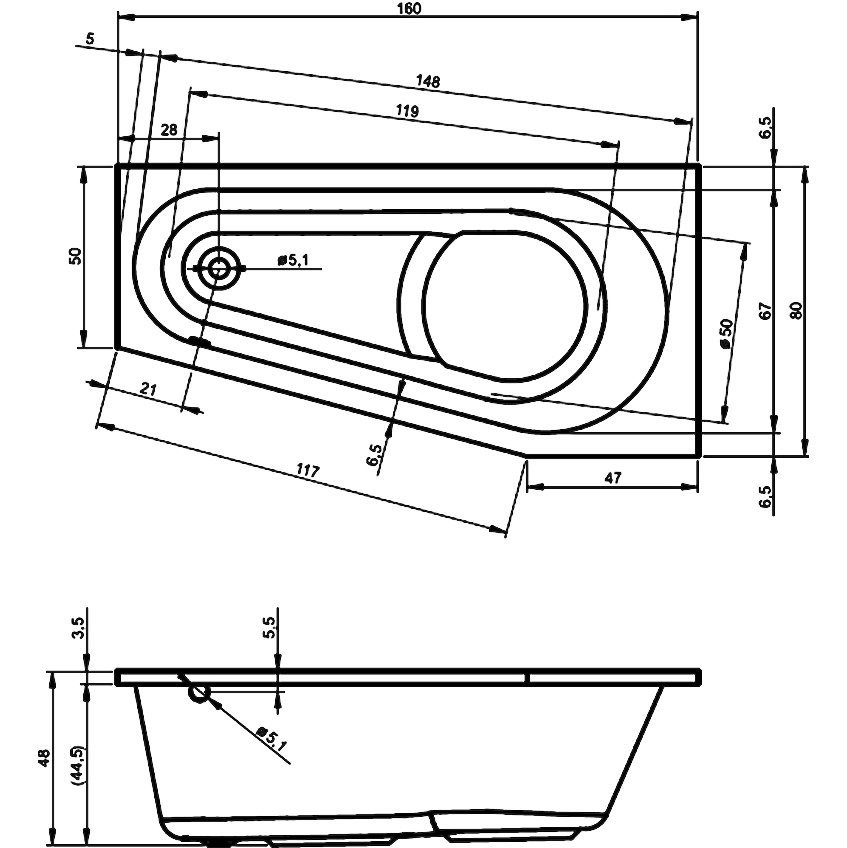 Акриловая ванна угловая левая 180x80х48см Riho DELTA 160 L