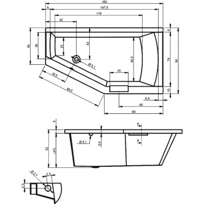 Акриловая ванна угловая левая 160x90x52см Riho GETA 160 L