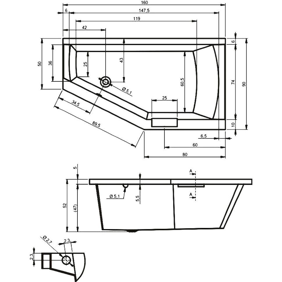 Акриловая ванна угловая левая 160x90x52см Riho GETA 160 L