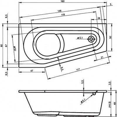 Акриловая ванна угловая правая 160x80x44.5см Riho DELTA 160 R