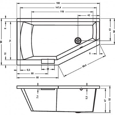 Акриловая ванна угловая правая 160x90x52см Riho GETA 160 R