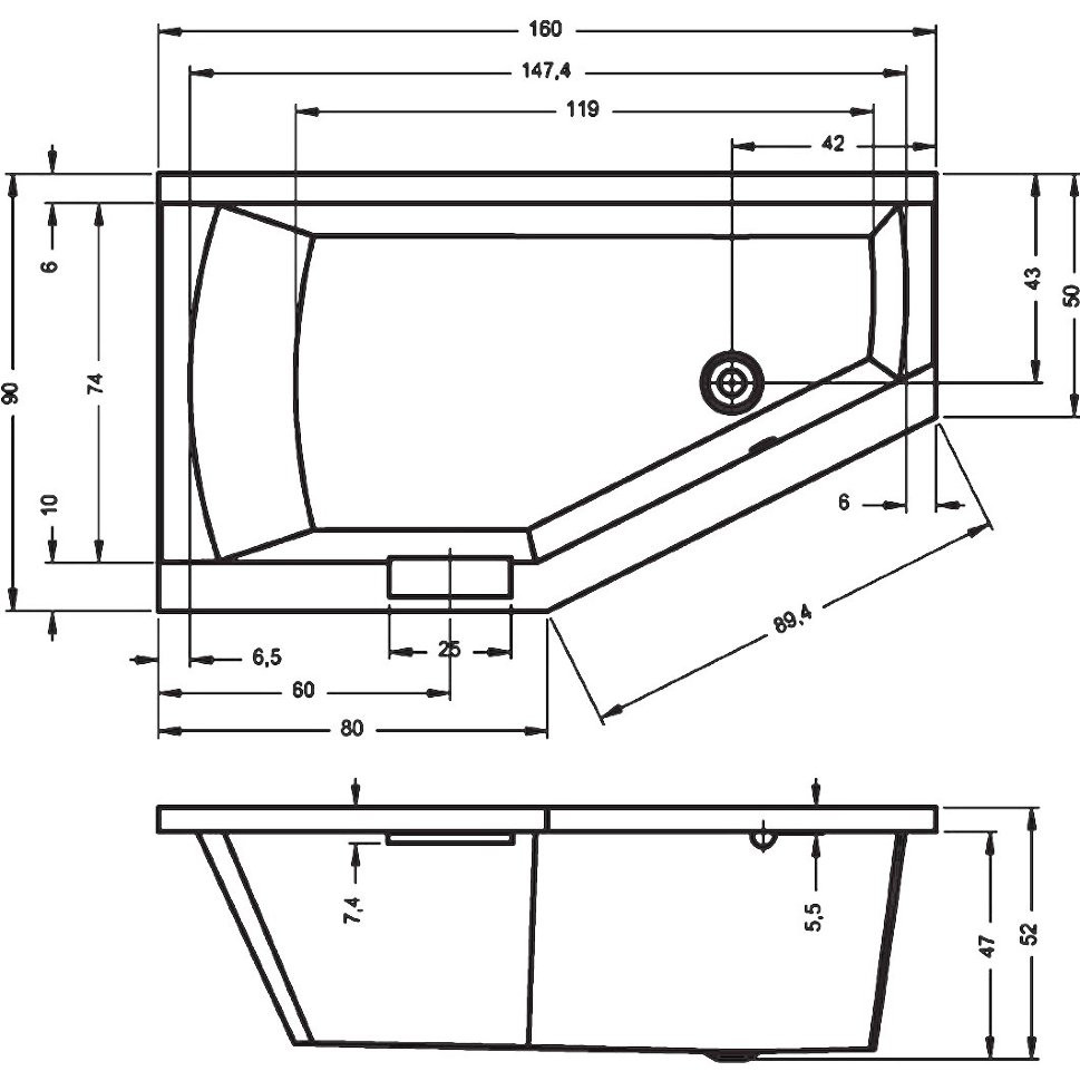 Акриловая ванна угловая правая 160x90x52см Riho GETA 160 R