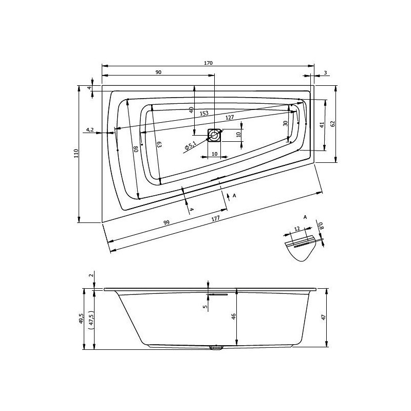 Акриловая ванна угловая правая 170x110x49.5см Riho STILL SMART R