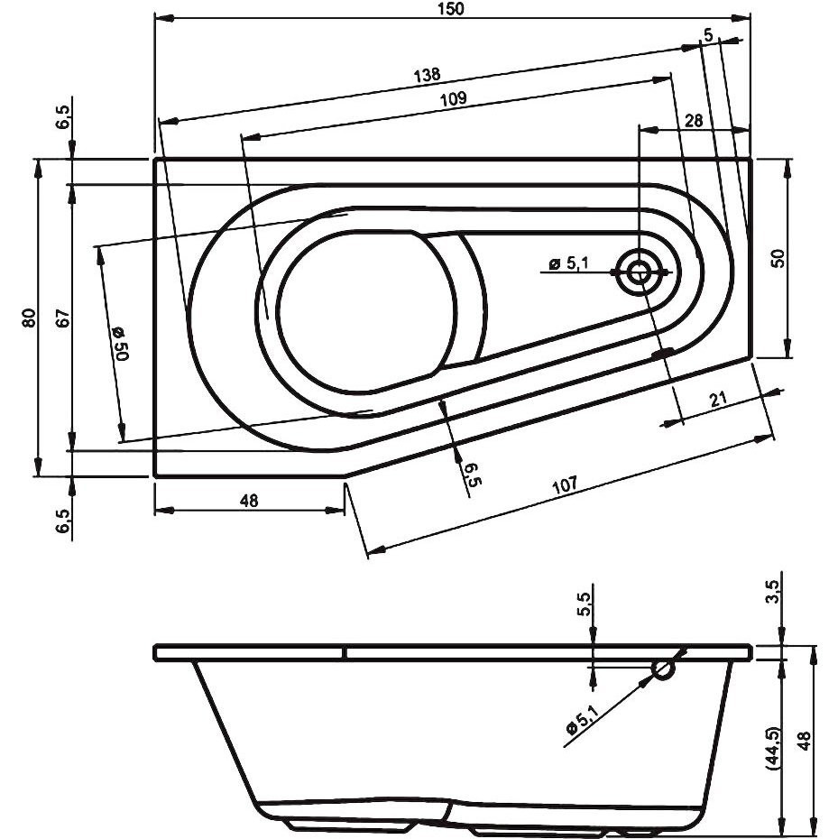 Акриловая ванна угловая правая 150x80x48см Riho DELTA 150 R