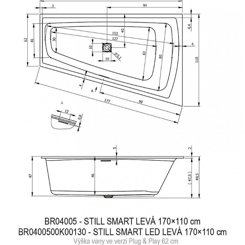 Акриловая ванна угловая левая 170x110x49.5см Riho STILL SMART - PLUG & PLAY L