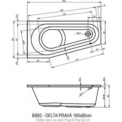 Акриловая ванна угловая правая 160x80x48см Riho DELTA 160 RIGHT - PLUG & PLAY