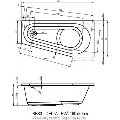 Акриловая ванна угловая левая 160x80x48см Riho DELTA 160 LEFT - PLUG & PLAY