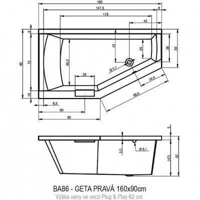 Акриловая ванна угловая правая 160x90x52см Riho GETA 160 RIGHT - PLUG & PLAY