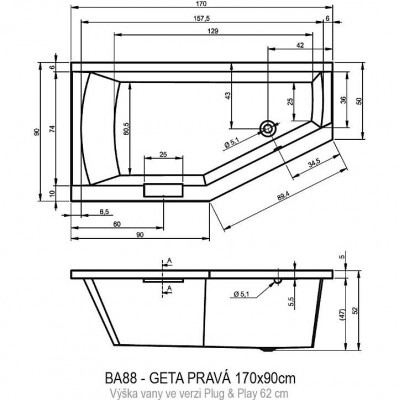 Акриловая ванна угловая правая 170x90x52см Riho GETA 170 RIGHT - PLUG & PLAY