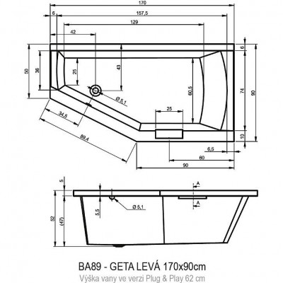 Акриловая ванна угловая левая 170x90x52см Riho GETA 170 LEFT - PLUG & PLAY