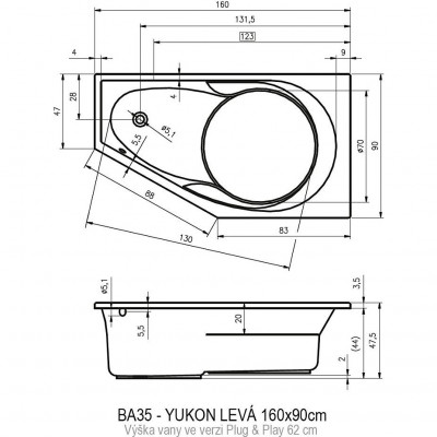 Акриловая ванна угловая левая 160x90x48см Riho YUKON LEFT ** - PLUG & PLAY