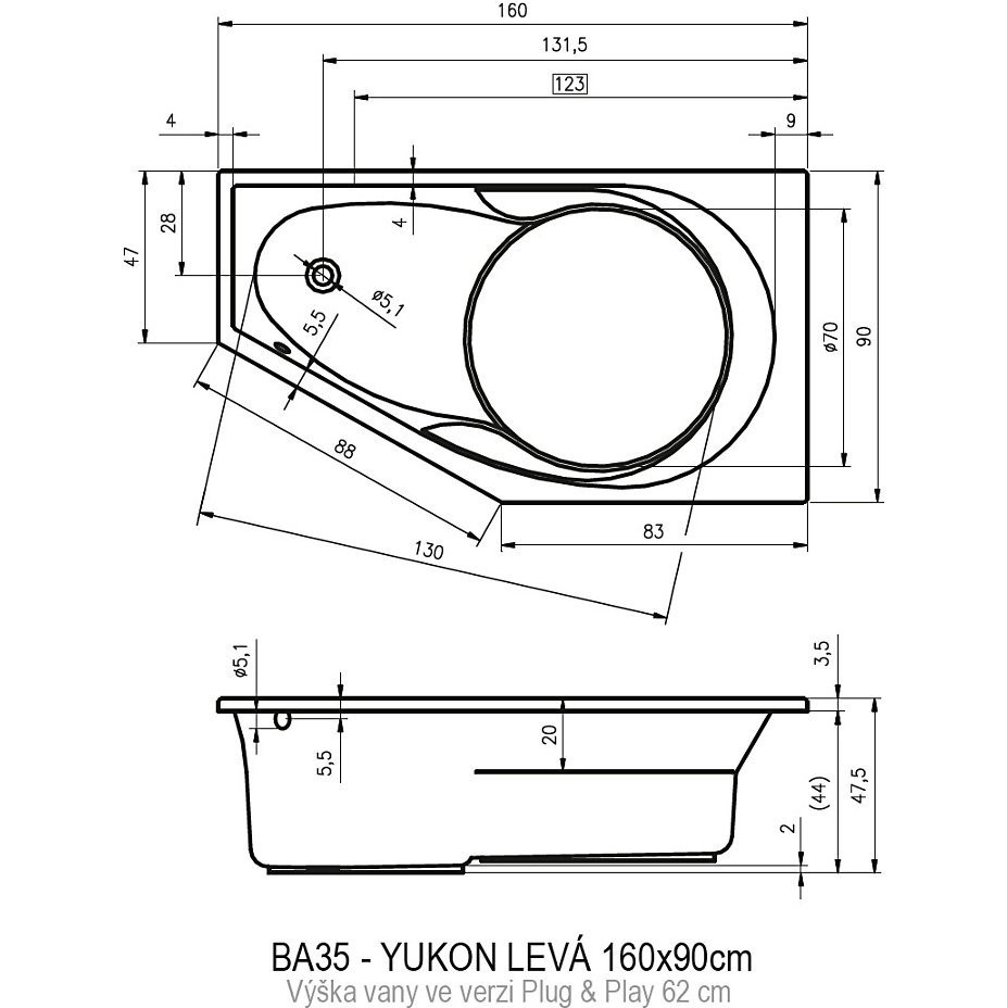Акриловая ванна угловая левая 160x90x48см Riho YUKON LEFT ** - PLUG & PLAY