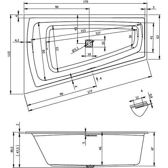 Акриловая ванна угловая с подсветкой правая 170x110x49.5см Riho STILL SMART LED R 170x110