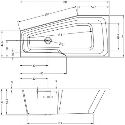 Акриловая ванна угловая правая 160x75x47см Riho RETHINK SPACE