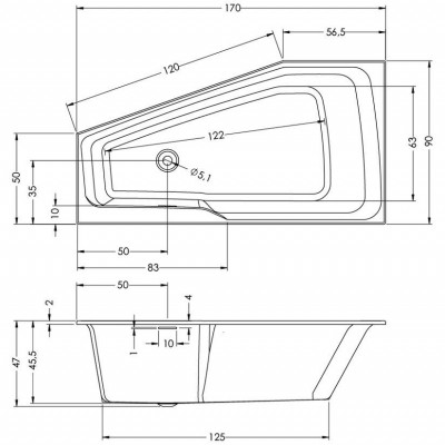 Акриловая ванна угловая правая 170x90x47см Riho RETHINK SPACE