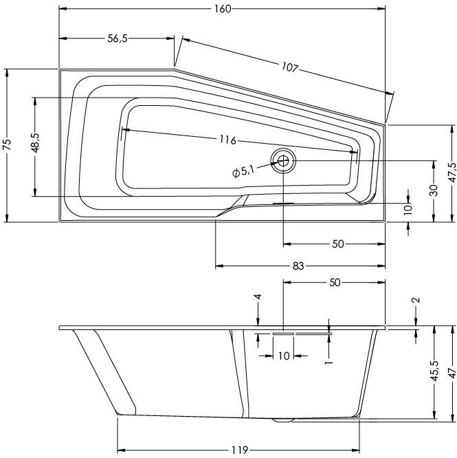 Акриловая ванна угловая левая 160x75x47см Riho RETHINK SPACE