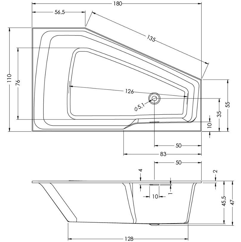 Акриловая ванна угловая левая 180x110x47см Riho RETHINK SPACE