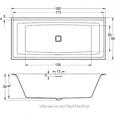 Акриловая ванна отдельностоящая правая 180x80x50см Riho STILL SQUARE - PLUG & PLAY R 180x80