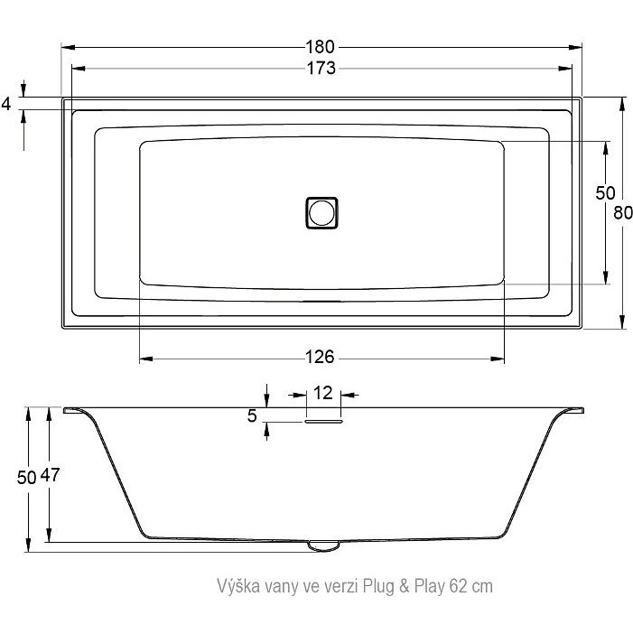 Акриловая ванна отдельностоящая правая 180x80x50см Riho STILL SQUARE - PLUG & PLAY R 180x80