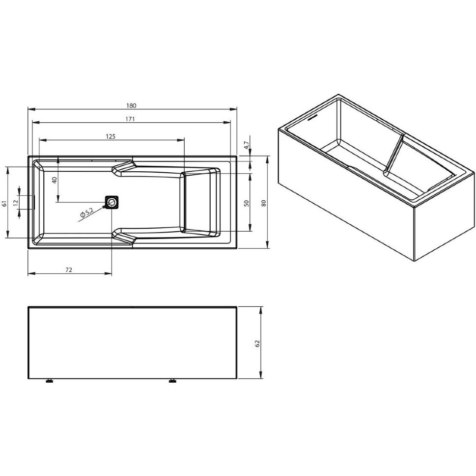 Акриловая ванна отдельностоящая левая 180x80x62см Riho STILL SHOWER - PLUG & PLAY L 180x80