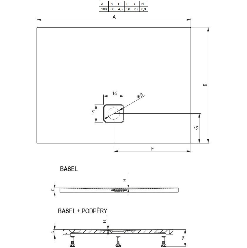 Душевой поддон акриловый черный 100x80x4.5см RIHO Basel 404