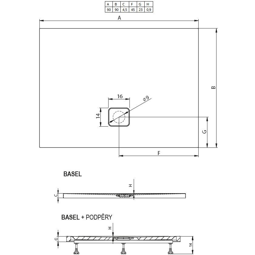 Душевой поддон акриловый черный 90x90x4.5см RIHO Basel 412