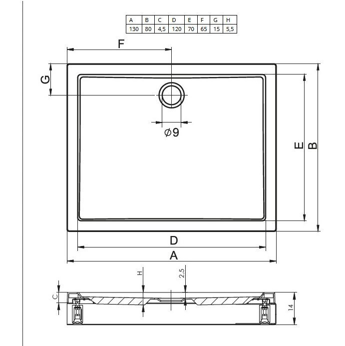 Душевой поддон акриловый белый 130x80x4.5см RIHO Davos 243