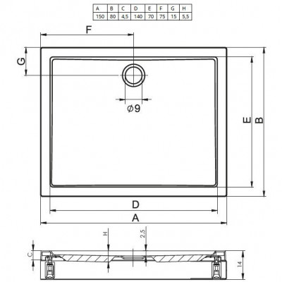 Душевой поддон акриловый белый 150x80x4.5см RIHO Davos 245