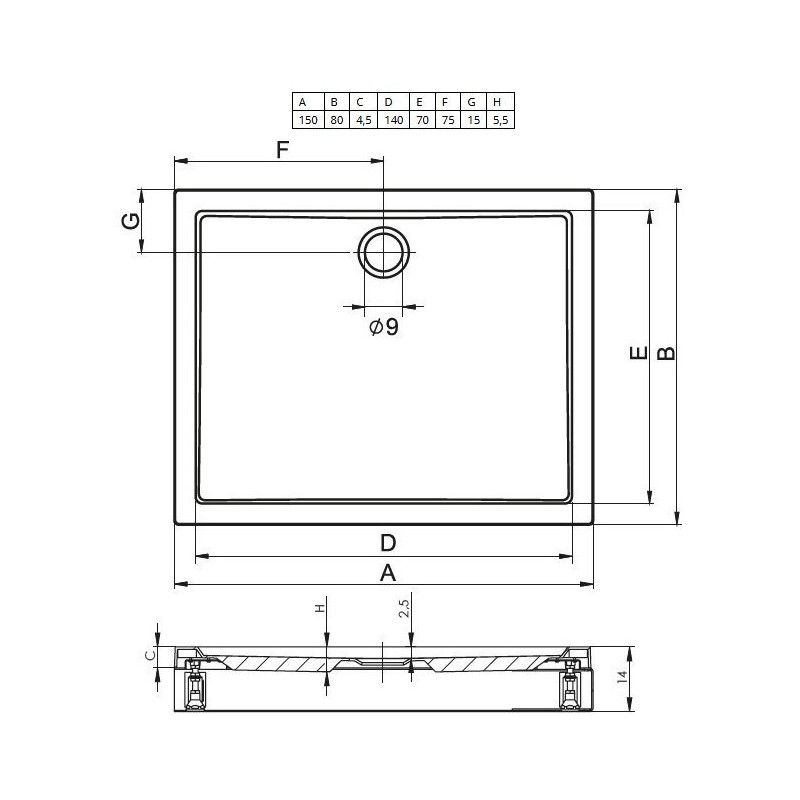 Душевой поддон акриловый белый 150x80x4.5см RIHO Davos 245