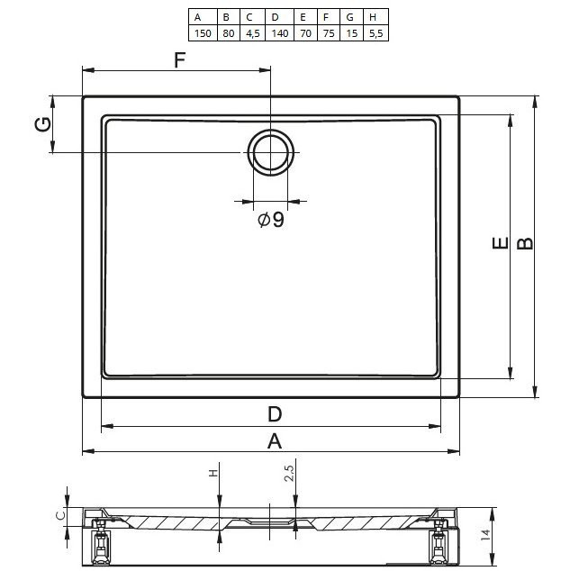 Душевой поддон акриловый белый 150x80x4.5см RIHO Davos 245