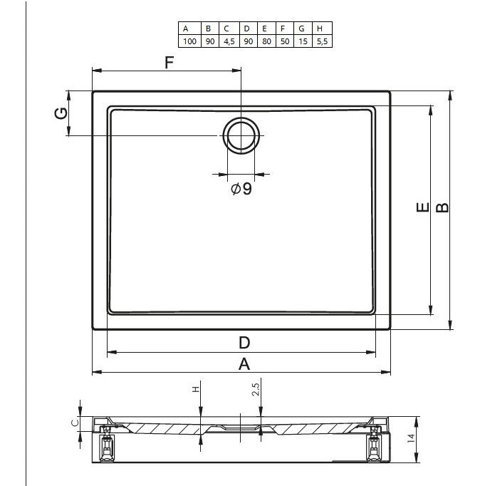 Душевой поддон акриловый белый 100x90x4.5см RIHO Davos 253