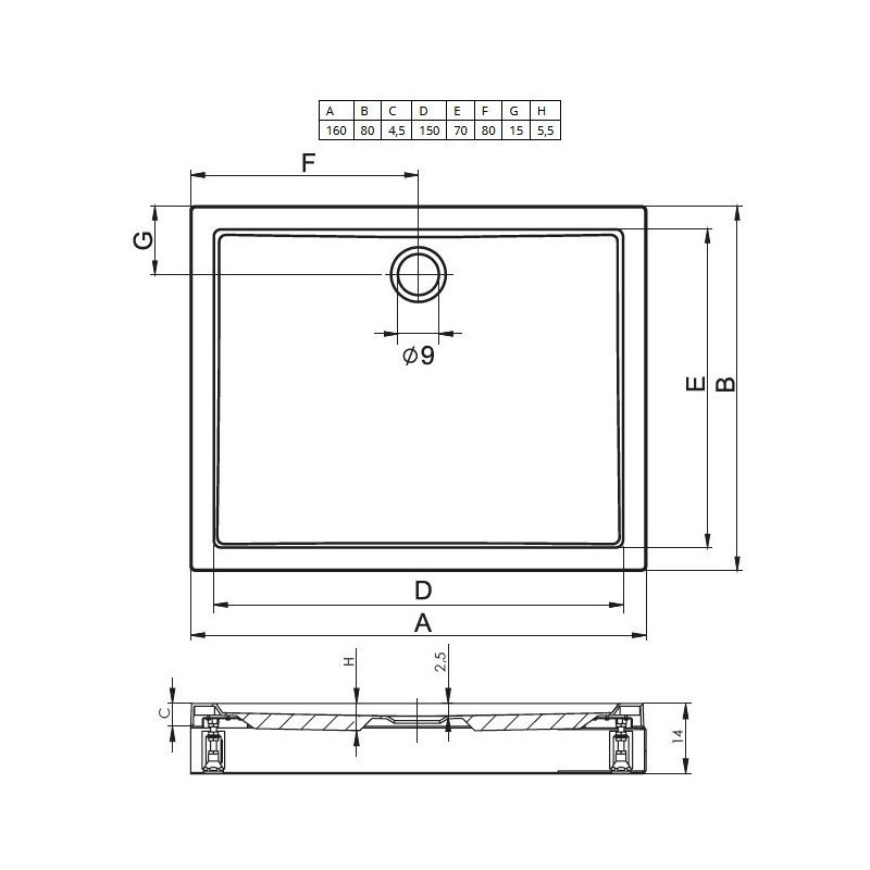 Душевой поддон акриловый белый 160x80x4.5см RIHO Davos 269