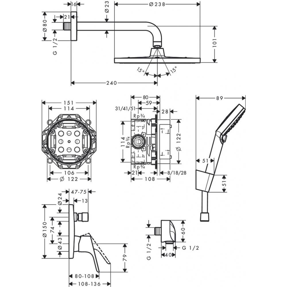 Душевая система Hansgrohe Crometta скрытого монтажа 240 1jet с однорычажным смесителем, 27958000, хром