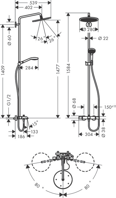 Душевая система Hansgrohe Croma Select S Showerpipe 280 1jet с термостатом для ванны 26792000, хром