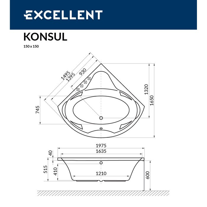 Акриловая ванна угловая белая 150x150x60см Excellent WAEX.KON15WH