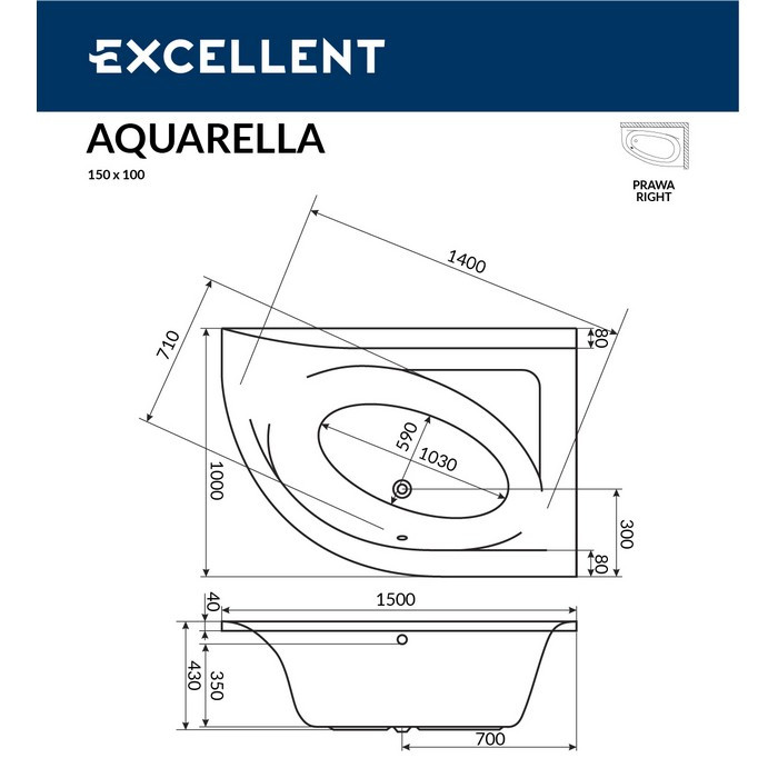Акриловая ванна угловая белая правая 150x100x43см Excellent WAEX.ARP15WH