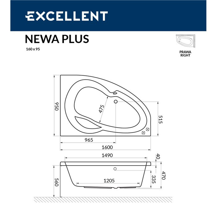 Акриловая ванна угловая белая правая 160x95x47см Excellent WAEX.NEP16WH